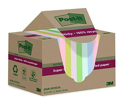 Post-it Super Sticky 100% Recycled Notes, Pack of 12 Pads with 70 Sheets Each, 76 mm x 76 mm, in Pink, Green, Blue, Purple, and Yellow colors, made from eco-friendly recycled paper, suitable for notes and reminders.