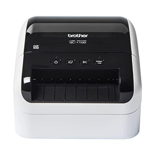 Brother QL-1100C Label Printer, desktop wide-format 4-inch labels printer in black and white with PC connection, ideal for shipping labeling.