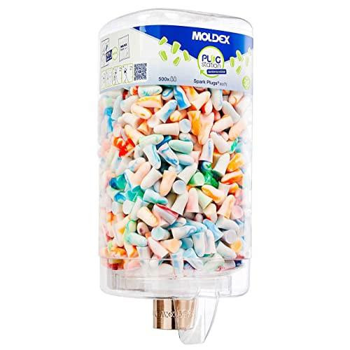 MOLDEX 7850 02 Spark Plugs Antimicrobial Station Dispenser, clear plastic dispenser filled with colorful foam ear plugs, SNR 35 dB, designed for hygienic storage and easy access.