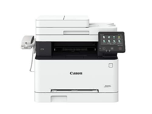 Canon i-SENSYS MF657Cdw Wireless Colour All-in-1 Laser Printer, front view showing LCD touch screen, paper tray, and connected handset for fax.