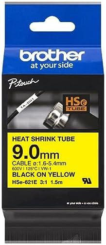 Brother Genuine Pro Tape HSe-621E Heat Shrink Tubing - Black on Yellow, packaging with product details and specifications display.