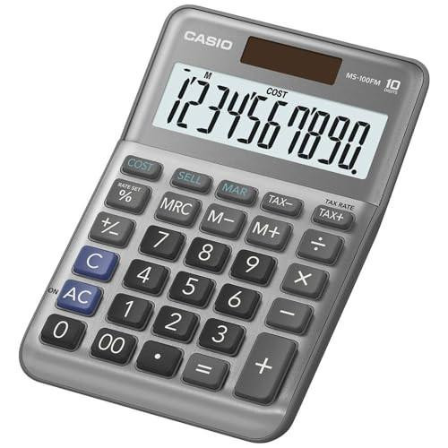 CASIO MS-100FM Desk Calculator 10-Digit, Metal Front, Tax, Cost/Sell/Margin - close-up of the electronic calculator displaying large numbers and featuring a metal front panel and functional buttons for financial calculations.