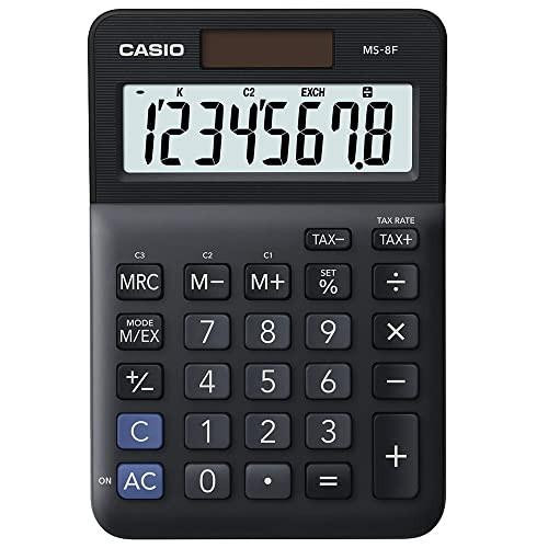 CASIO MS-8F Desk Calculator 8-Digit, Tax, Currency, showing large digital display with numbers and keys for financial calculations.