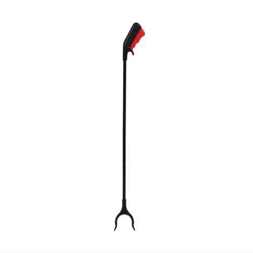 Robert Scott 850mm Litter Picker Black/Red, a long black and red litter picker tool with a claw at the end, designed for waste collection, shown in a vertical position.