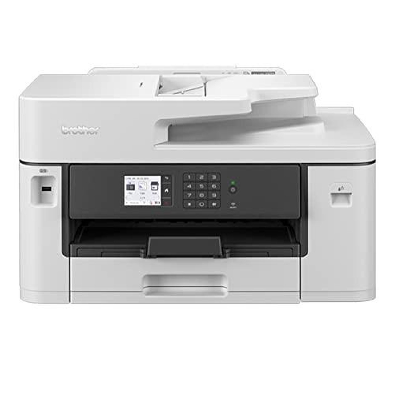 BROTHER MFC-J5340DW Wireless Colour Inkjet Printer, 4-in-1 printer with print, copy, scan, and fax functions, Wi-Fi, USB, NFC connectivity, A3 print capability, 6.8cm LCD screen, UK plug included.