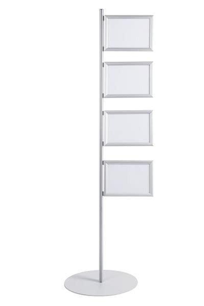 Bi-Office SUP3310 Freestanding 4 Fold Frame, A4, Silver, 180 mm Height, 56 mm Width, showcasing a tall, freestanding display stand with four clear display panels in a sleek silver frame.