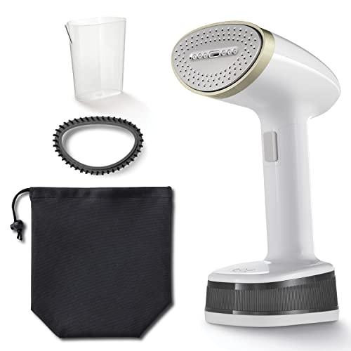 Breville CompactSteam Foldable Garment Steamer, handheld travel clothes steamer with 1400W power, fast heat-up, included travel bag, in white and gold, with detachable water tank, silicone accessory, and storage pouch.