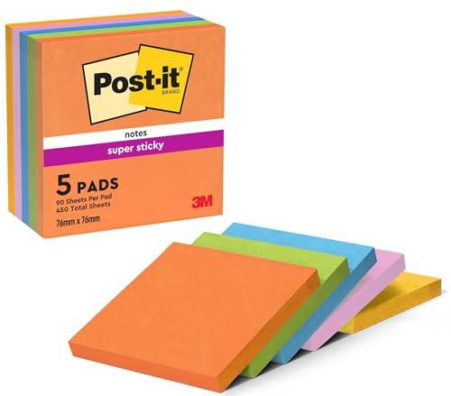 Post-it Super Sticky Notes, Double the Sticking Power, 5 Pads, 450 Sheets, 76 mm x 76 mm, Blue, Green, Orange, Pink, Yellow Colors - Self-Sticking Notes for Walls, Monitors and Fridge, with colorful pads in front of the box.