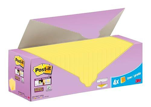 Post-it Super Sticky Notes, Canary Yellow, 76 mm x 76 mm, Promo Pack, 90 Sheets/Pad, 20 + 4 Free Pads/Pack, Cardboard Pack with yellow sticky notes inside a purple box