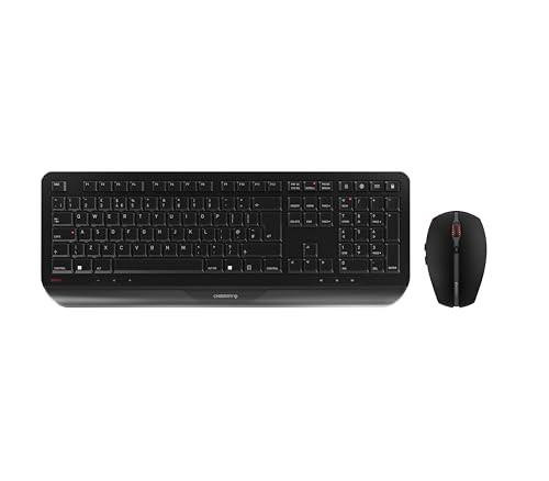 CHERRY GENTIX DESKTOP, Wireless Keyboard & Mouse Set, UK Layout (QWERTY), 2.4 GHz Wireless, Integrated Palm Rest, Symmetrical Design, Black, image showing the keyboard and mouse on a plain white background.