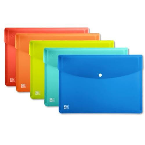 OXFORD A4 Plastic Wallets, Assorted Colours, Document Folders, Pack of 5, featuring red, orange, yellow, green, and blue flexible plastic wallets with snap closures.