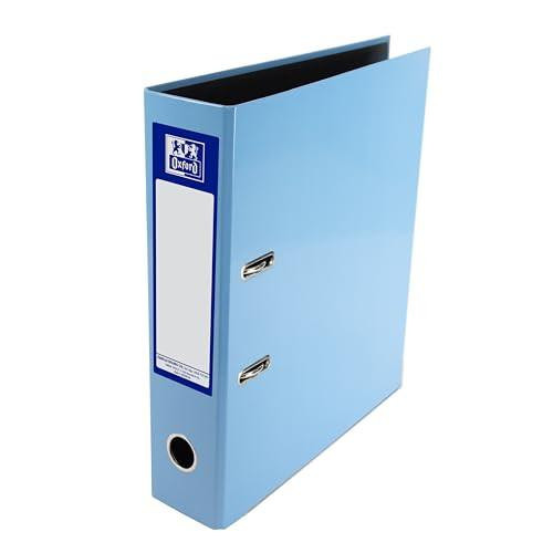 Oxford Premium A4 Lever Arch File, Light Blue Single Folder, Heavy Duty, standing upright with metal rings on the spine for filing and a round hole at the bottom for easy handling.