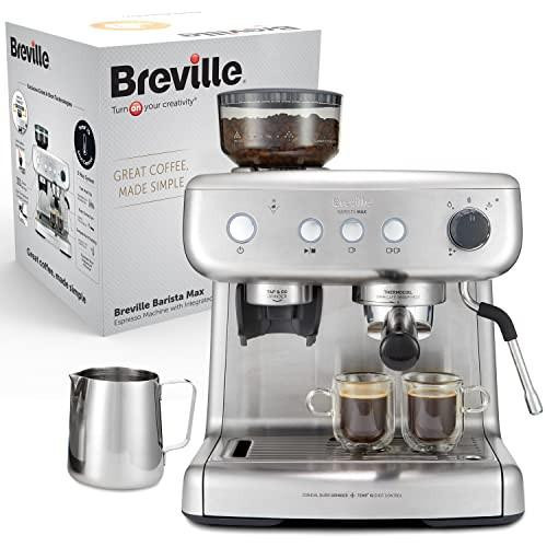 Breville Barista Max Espresso Machine, latte and cappuccino coffee maker with integrated bean grinder, steam wand, 2.8L water tank, 15 bar Italian pump, and stainless steel design.