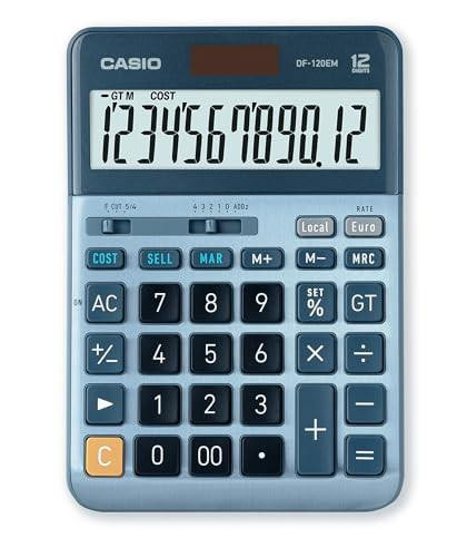 CASIO DF-120EM Desktop Calculator 12 Digit Cost Sell Margin Total Memory Solar Battery Operated, silver, with large display and multiple function buttons.