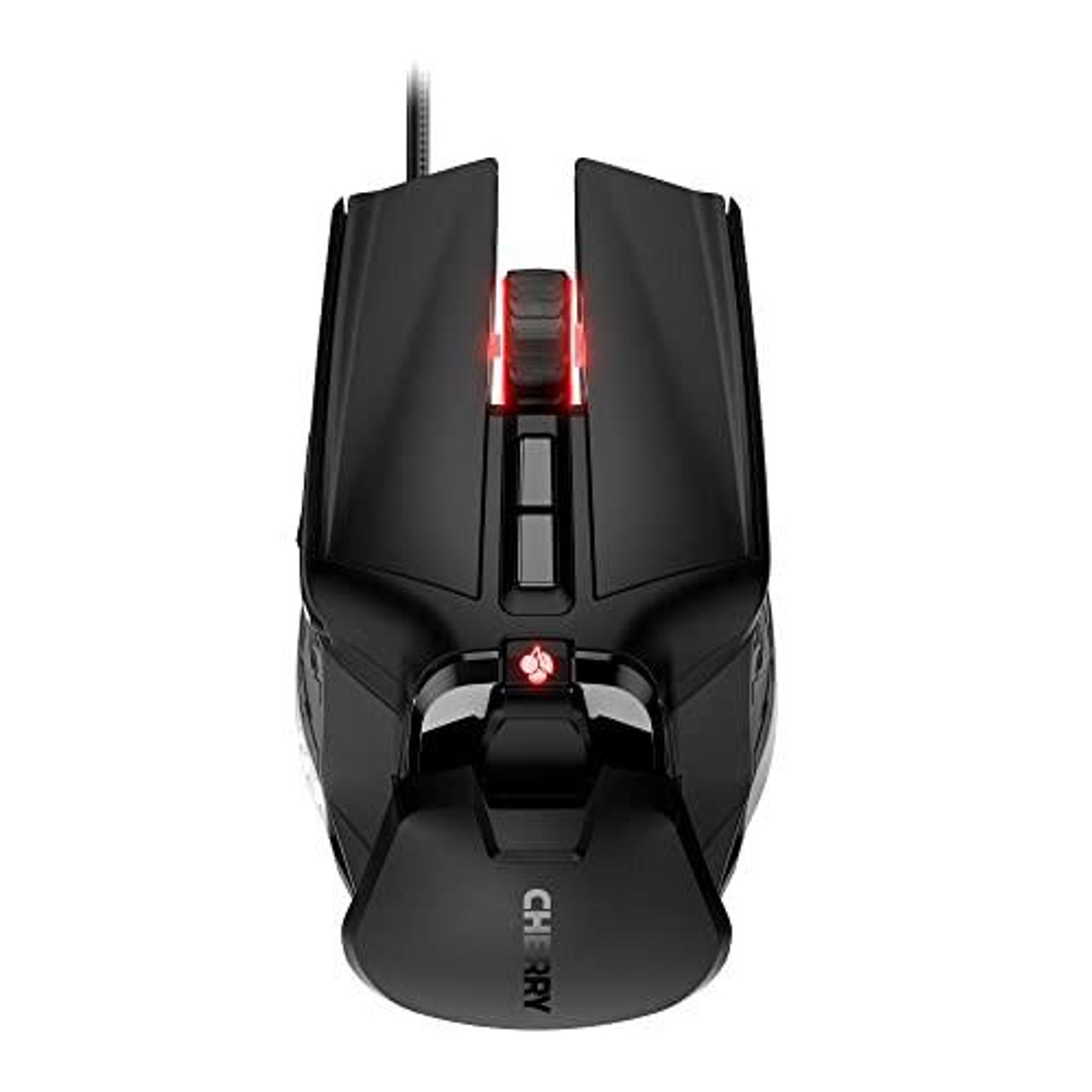 CHERRY MC 9620 FPS Ergonomic Gaming Mouse with RGB Illumination, Adjustable Palm Rest, Insertable Weights, 9 Programmable Buttons, 12,000 dpi, Wired, Black, front view showing the mouse's design and features.