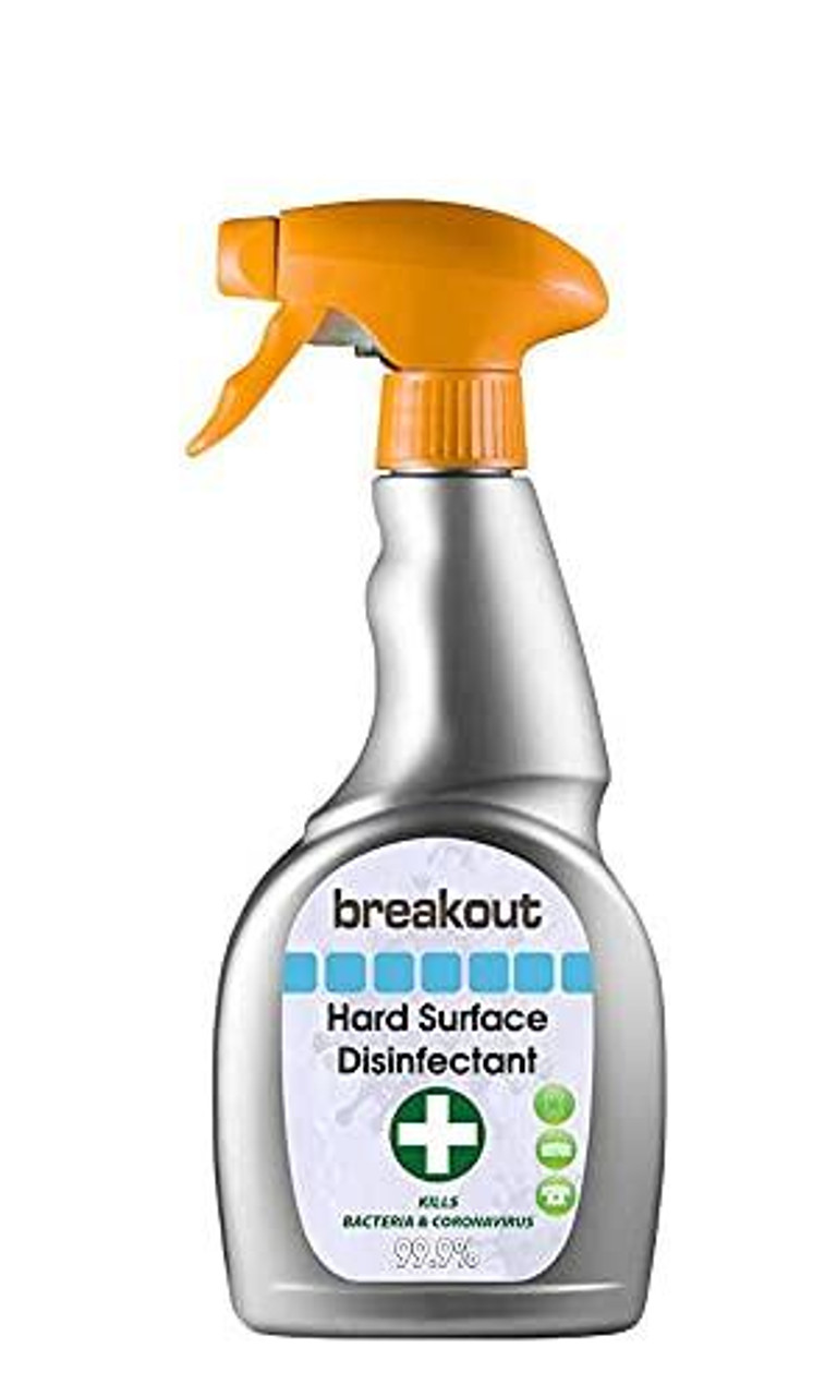 Breakout BO500TS 0.5L Multi Surface Antibacterial Spray, a silver spray bottle with an orange trigger and a label indicating its disinfectant properties for hard surfaces.