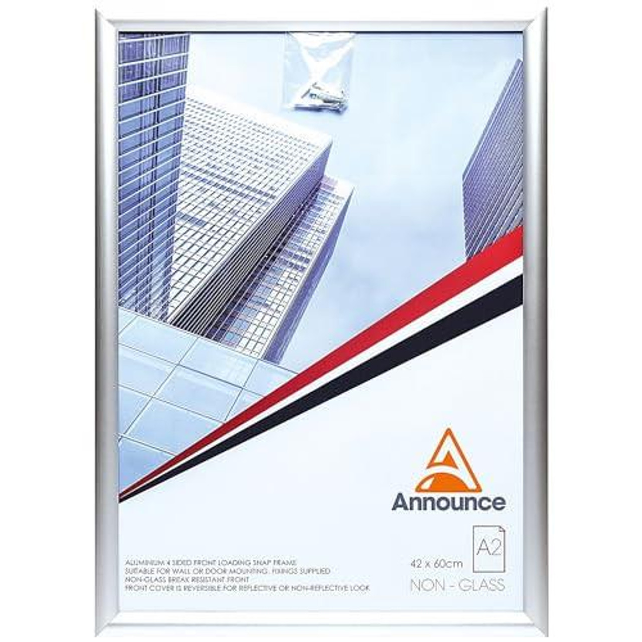 Announce Snap Frame A2 AA06220, aluminum 4-sided front loading snap poster frame with a sleek silver finish, suitable for displaying posters in offices or retail spaces.