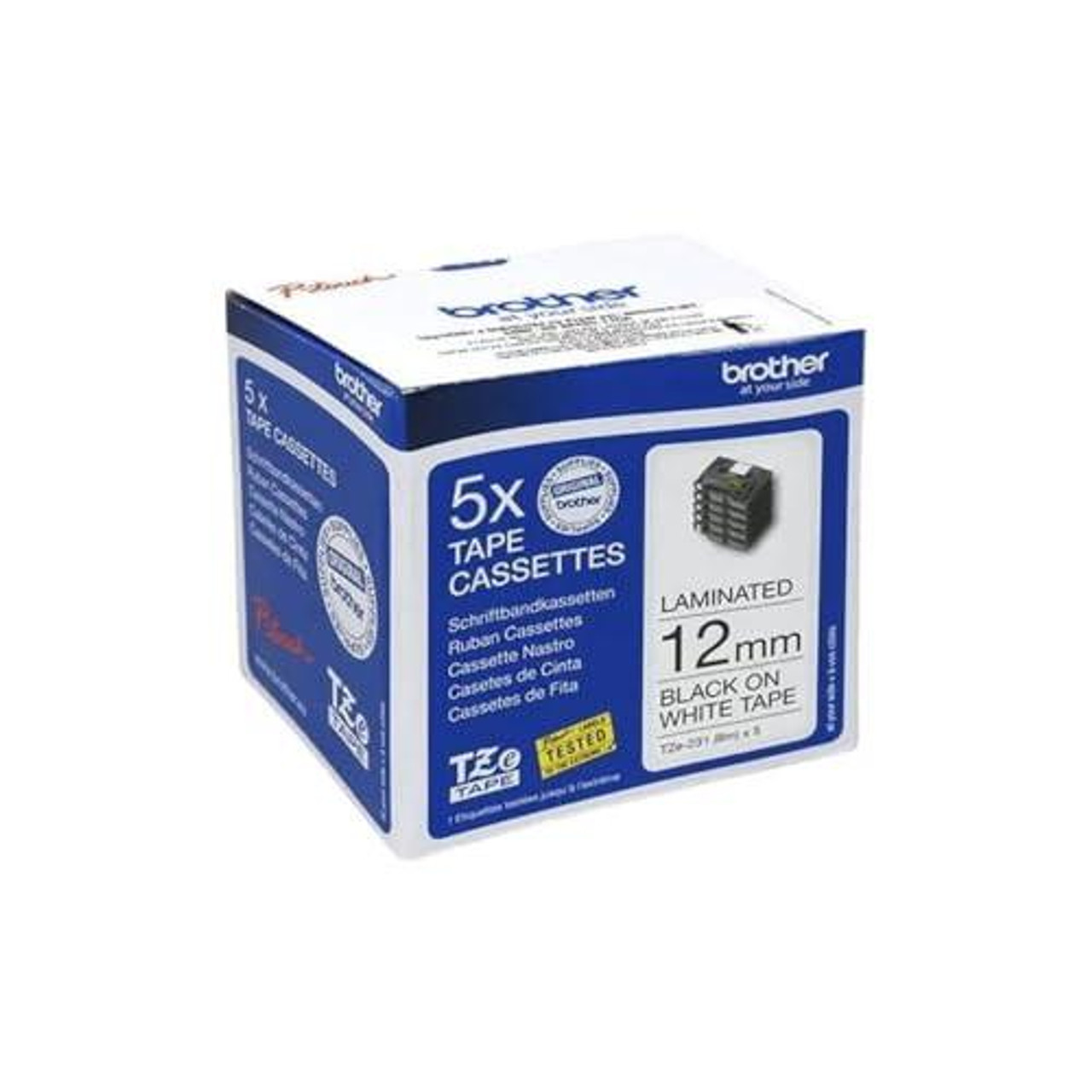Brother Tze - 231 Labelling Tape Cassettes, Black on White, Multi-Pack, 12 mm width x 8 m length, includes 5 cassettes, genuine Brother supplies with laminated tape for durable labeling.