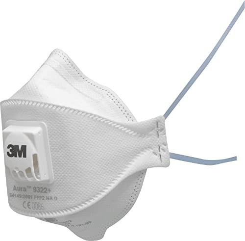 3M Aura Particulate Respirator, FFP2, Valved, 9322+, 10 Masks per Pack, close-up of the white respirator mask with a valve and head straps.