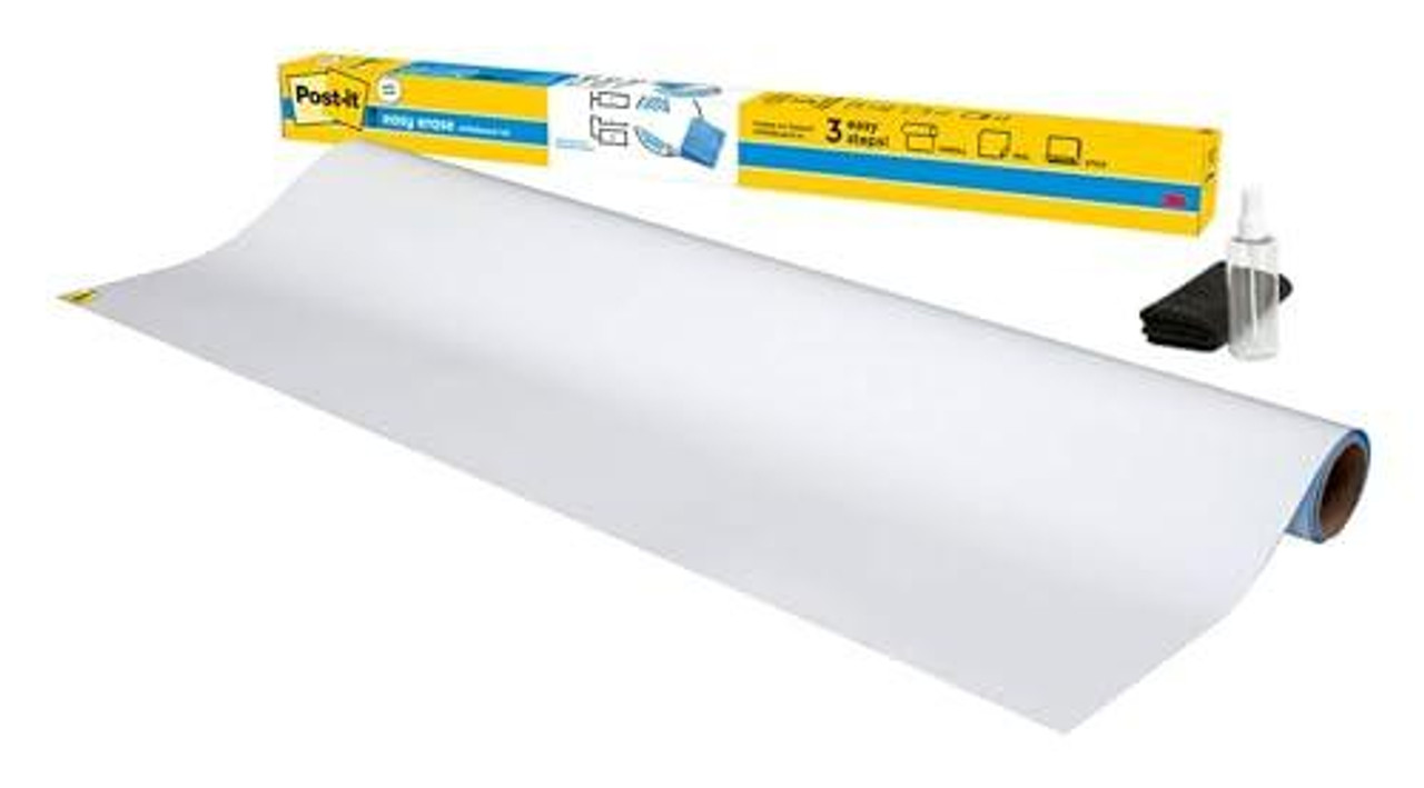 Post-it Easy Erase Whiteboard Surface, White, 91.4 cm x 121.9 cm, 1 Roll/Pack, showing a large whiteboard roll unrolled with a marker and cleaning cloth, designed for easy erasable surface for note-taking and meetings.