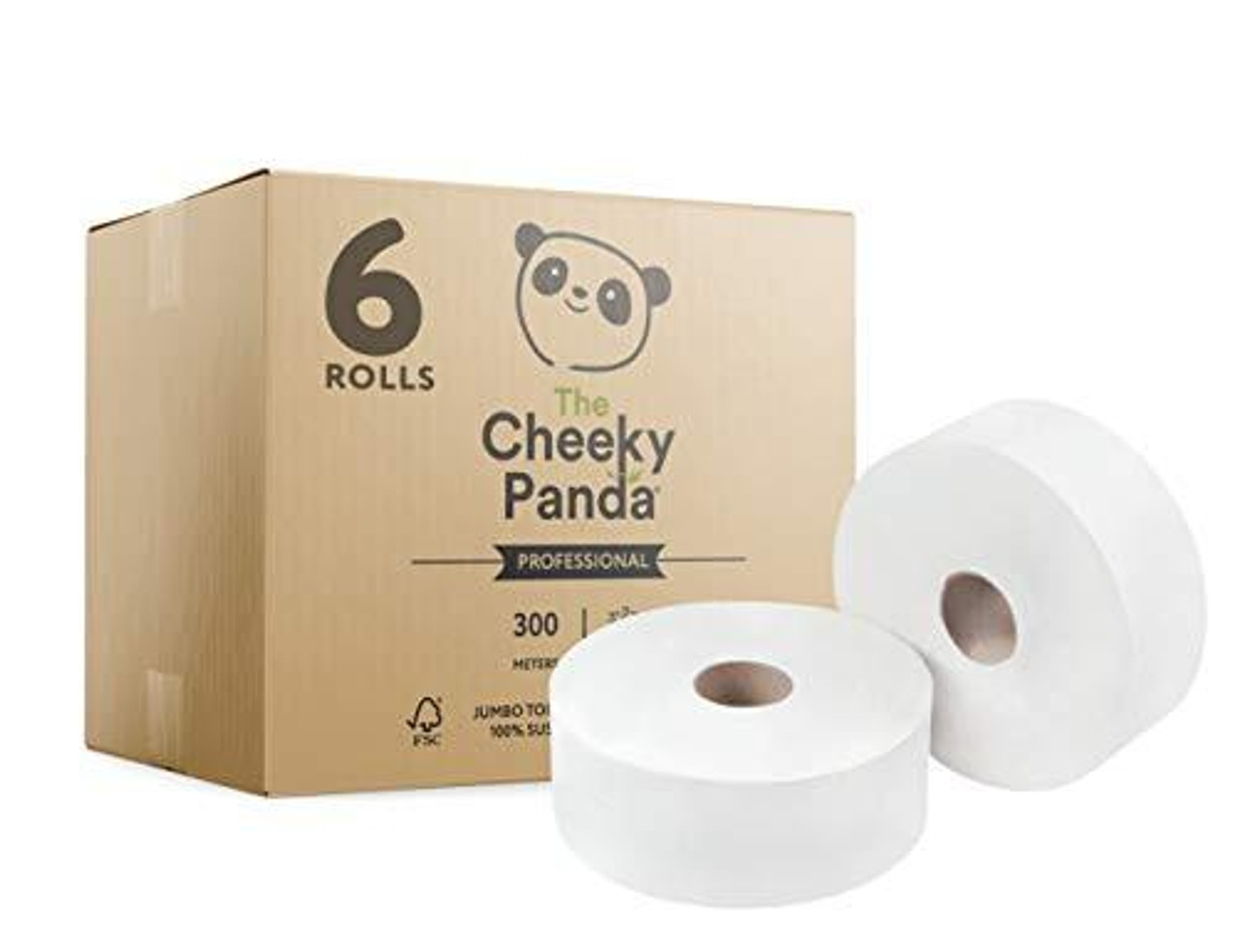 The Cheeky Panda Professional Bamboo Maxi Jumbo Toilet Rolls, a bulk box of 6 eco-friendly, plastic-free, super soft, and strong toilet paper rolls with 300 meters length each, totaling 1800 meters, suitable for office use.