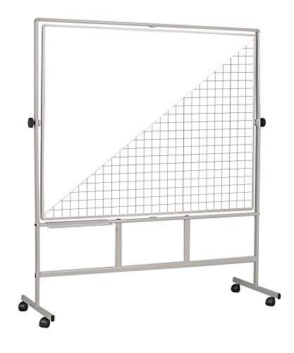 Bi-Office Full Frame Revolving Whiteboard Plain/Gridded Non-Magnetic 1500 x 1200mm, whiteboard with plain and gridded sides on a mobile stand with wheels.