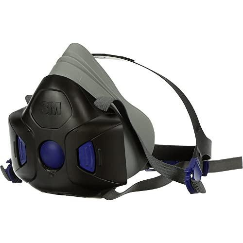 3M Secure Click Half Mask Reusable Respirator, Medium, HF-802, with adjustable straps and dual blue filter covers for respiratory protection.