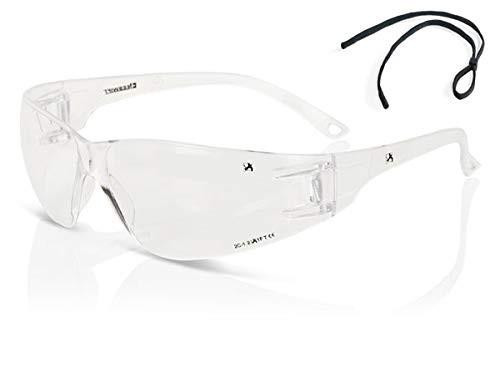 CLEAR WRAP AROUND SPECTACLE, transparent safety glasses with wraparound design and black temple arms.