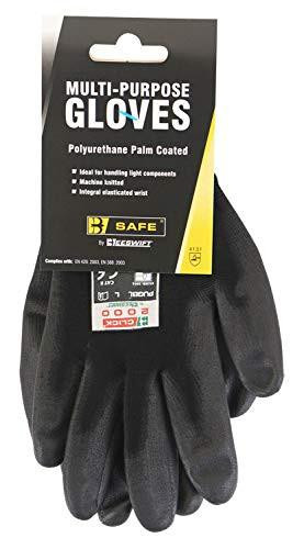 MULTI-PURPOSE PU COATED GLOVE BLACK, black coated glove with a label and packaging showing product details.