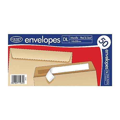 DL Manilla Peel and Seal Envelope, 20 Pack of 50, showing a box of envelopes with peel-and-seal flaps and barcode on the packaging.