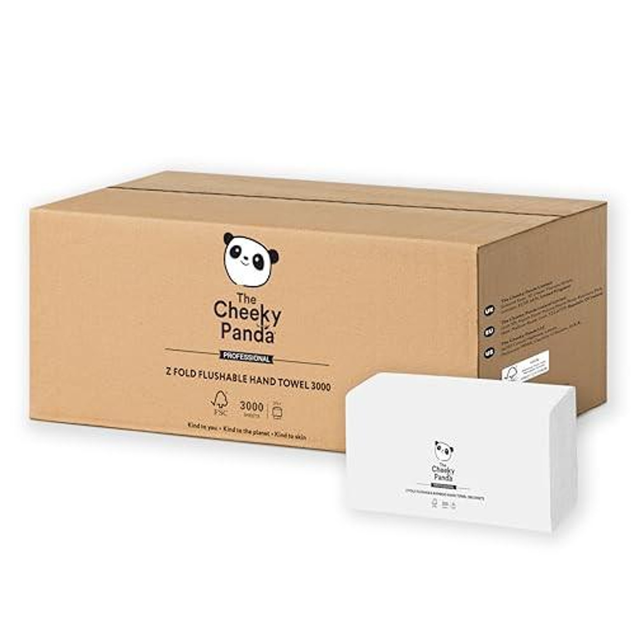 The Cheeky Panda Bamboo Z Fold Paper Towels, a large cardboard box with a smaller pack of white paper towels featuring a panda logo, 3000 sheets in 15 packs of 200, 2-ply, plastic-free, sustainable hand towels for dispensers.