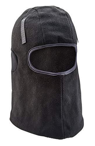 BALACLAVA THINSULATE LINED BLACK WITH HOOK AND LOOP, close-up of the black balaclava with a large opening for the face, made of insulated material for warmth and featuring hook and loop fasteners.