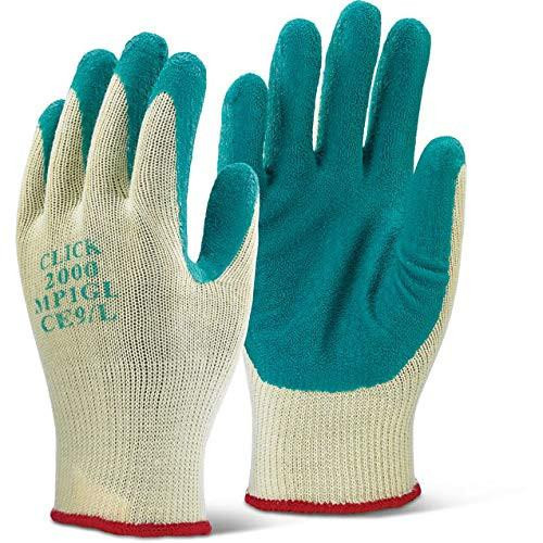 Multi Purpose Green Latex P/C Glove Small, close-up image showing a pair of green latex gloves with a knitted fabric cuff, ideal for cleaning, construction, and industrial tasks.