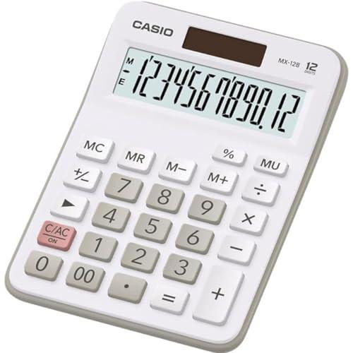 Casio MX-12 Desk Calculator 12-digit Display, white calculator with large LCD screen displaying numbers, multiple function keys including memory and percentage buttons.