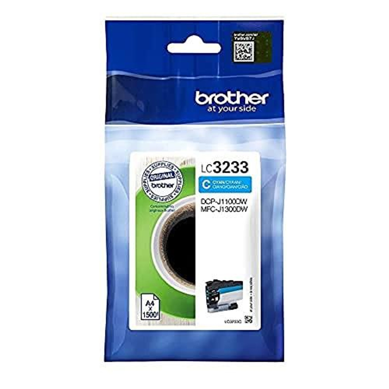 BROTHER LC-3233C Inkjet Cartridge, Cyan, Single Pack, Super High Yield, Includes 1 x Inkjet Cartridge, Genuine Supplies, packaged in blue and white plastic with product details and a small image of the cartridge.