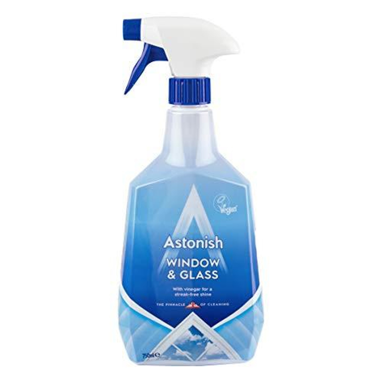Astonish Window and Glass Cleaner, spray bottle with blue liquid cleaner for glass and windows.