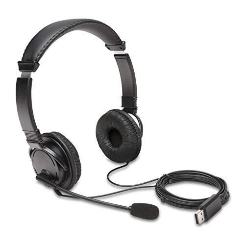 Kensington USB Wired Headset, Stereo Headphones with Noise-Cancelling Microphone, USB Headset, PC/Mac/Laptop/Tablet for Windows, Mac and Chrombook - Black, with adjustable headband and flexible microphone attached to the ear cup.