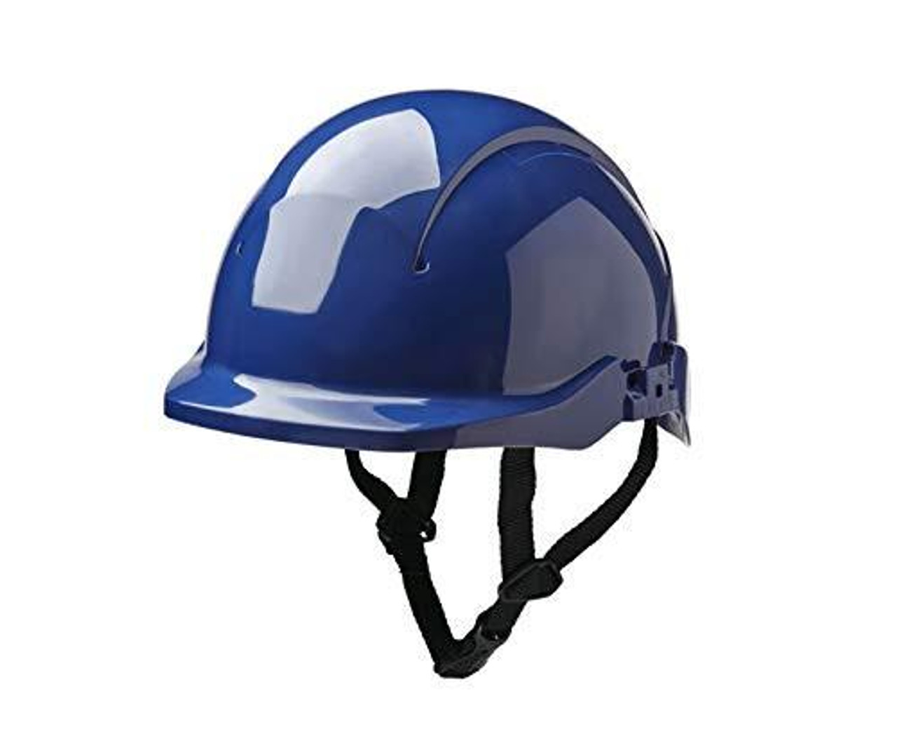 CONCEPT CORE REDUCED PEAK SAFETY HELMET BLUE, safety helmet with a smooth, shiny blue surface, adjustable strap, and protective design for industrial safety.