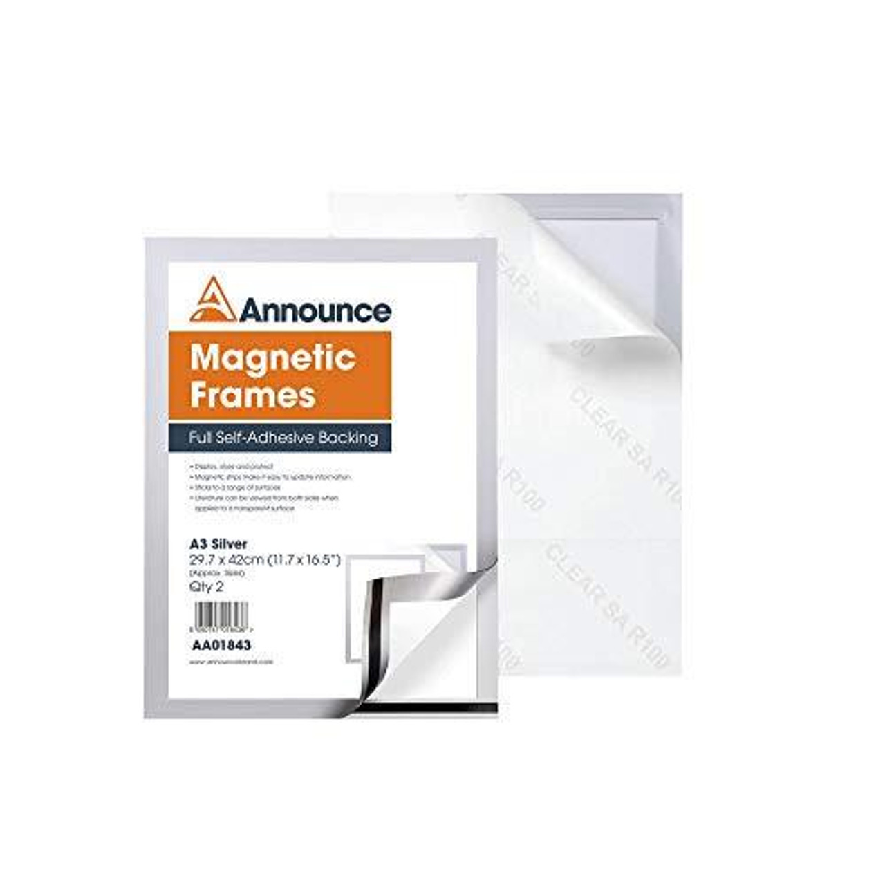 Announce Magnetic Frame A3 Silver (Pack of 2), image showing two sleek silver magnetic photo frames for A3 size documents.