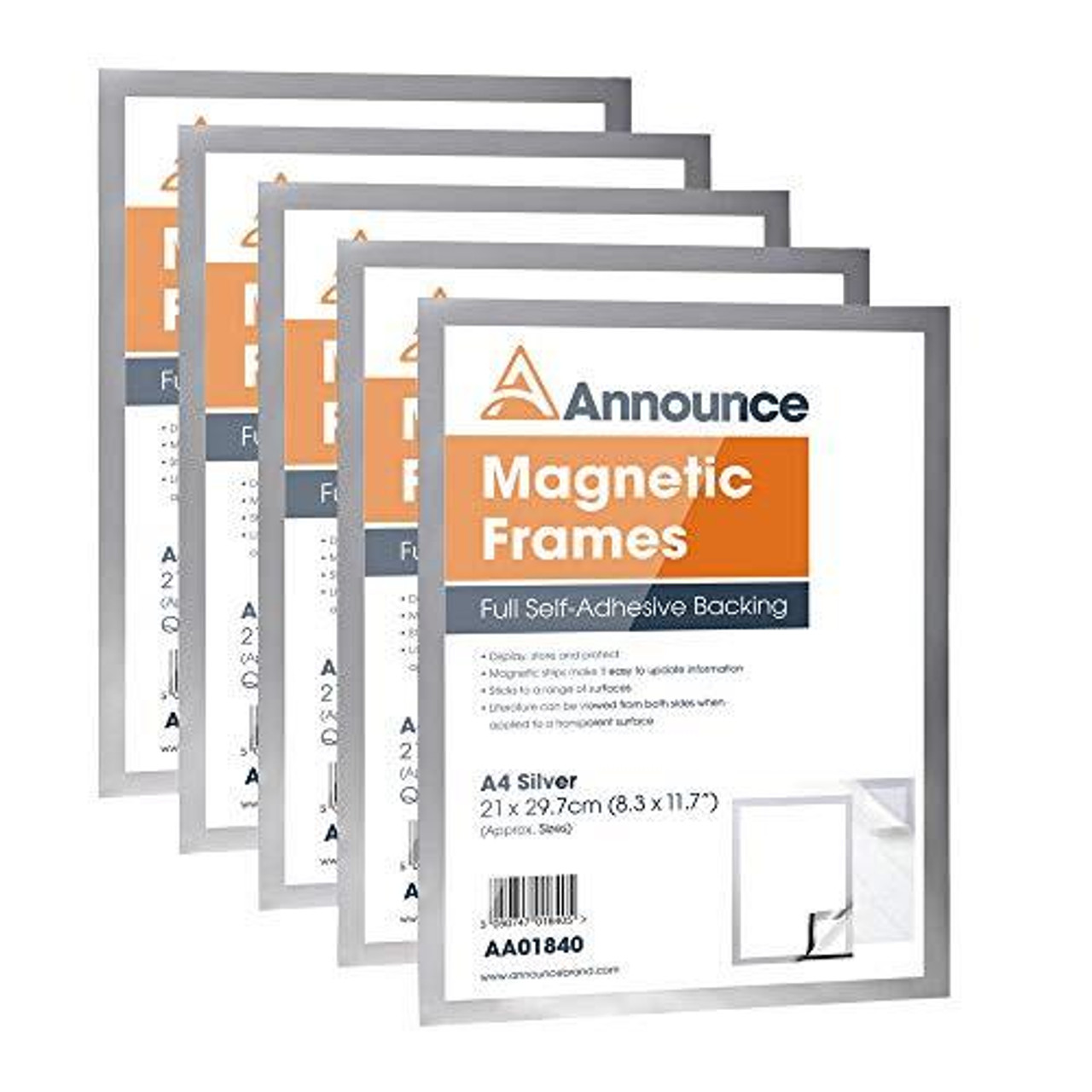 Announce Magnetic Frame A4 Silver, pack of 5, showcasing sleek silver frames with a self-adhesive backing designed for displaying A4 documents.