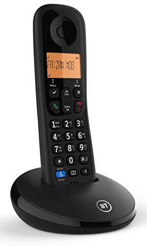 BT Everyday Cordless Landline House Phone, Basic Call Blocker, Do Not Disturb button, Single Handset Pack, showing a black cordless phone with an orange display screen and keypad on a charging base.