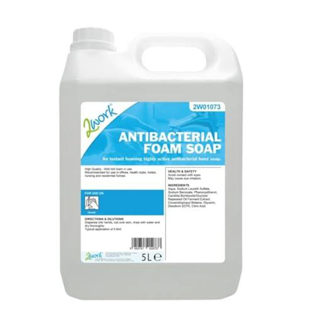 2Work Antibacterial Foam Soap 5 Litre Bulk Bottle, white plastic container with handle and label indicating antibacterial foam soap for hygiene
