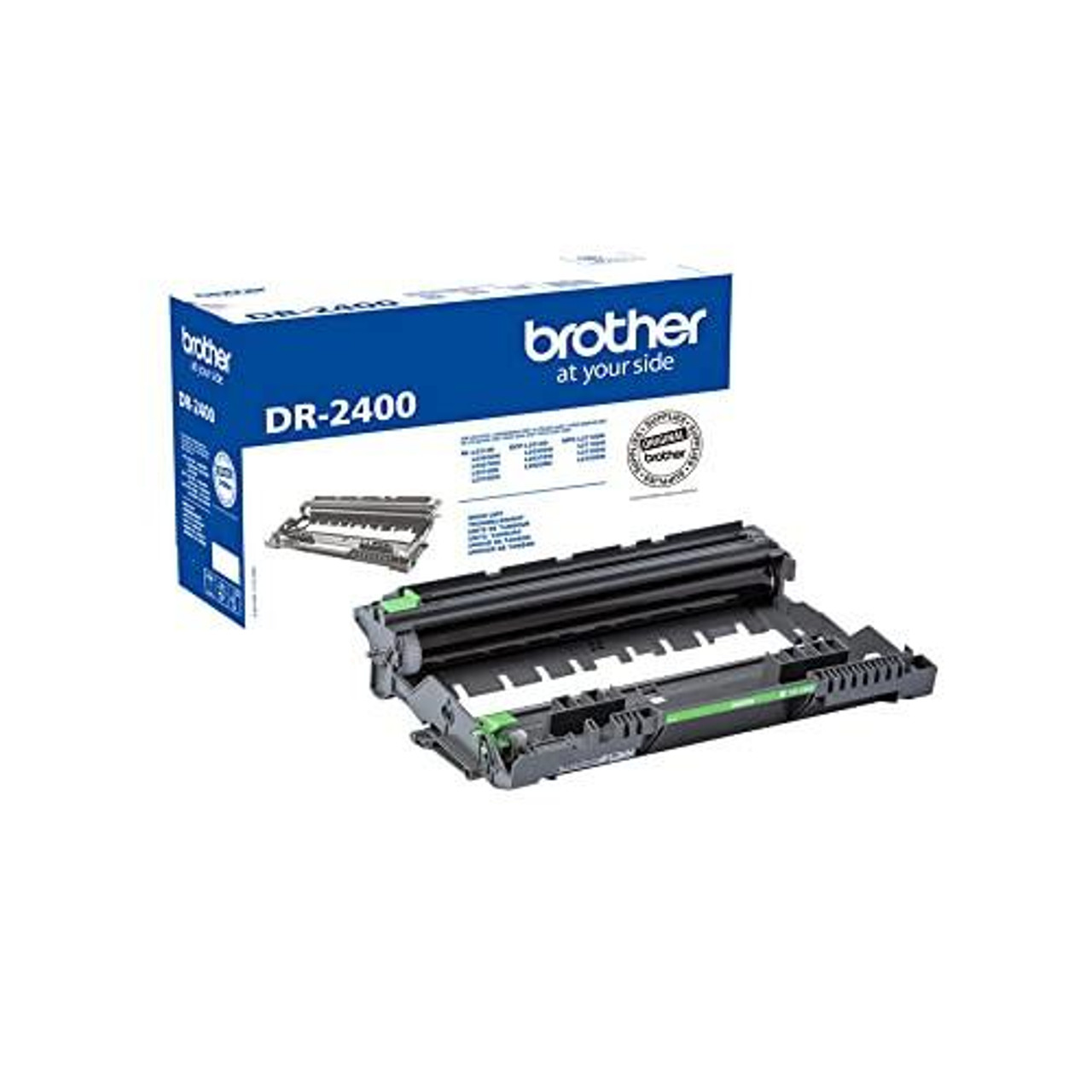 BROTHER DR-2400 Drum Unit, Genuine Supplies, Black, with packaging box and drum component visible.
