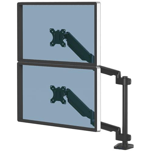 Fellowes Platinum Dual Stacking Monitor Arm with Tilt Swivel/Rotate Functions, Black, 0043859727971, mounted to two computer monitors with adjustable arms supporting the screens for ergonomic viewing.