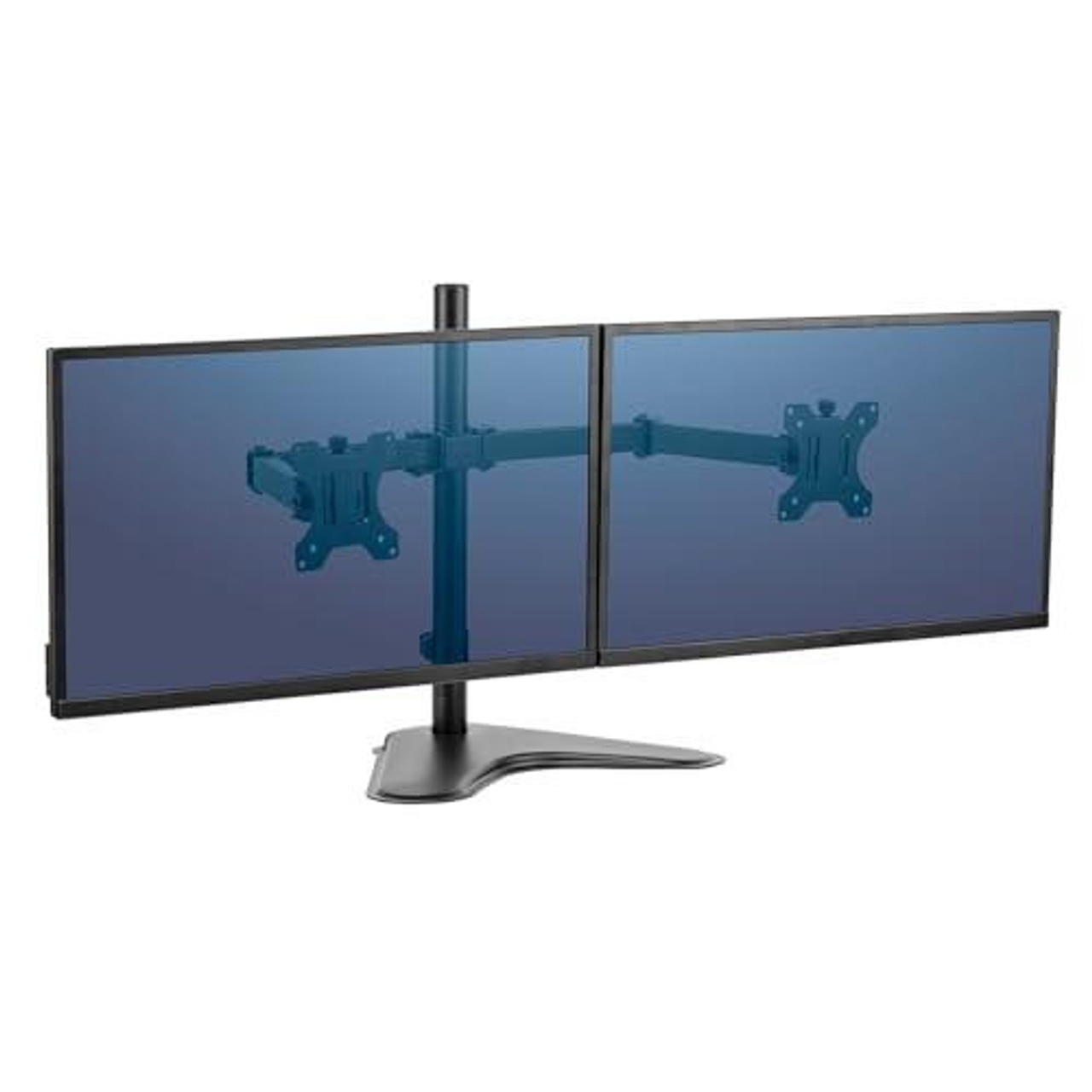 Fellowes Dual Monitor Arm - Seasa Freestanding Monitor Mount for 8KG 27 inch Screens, ergonomic adjustable monitor arm with tilt, pan, rotation features, compatible with VESA 75 x 75/100 x 100, in black color.