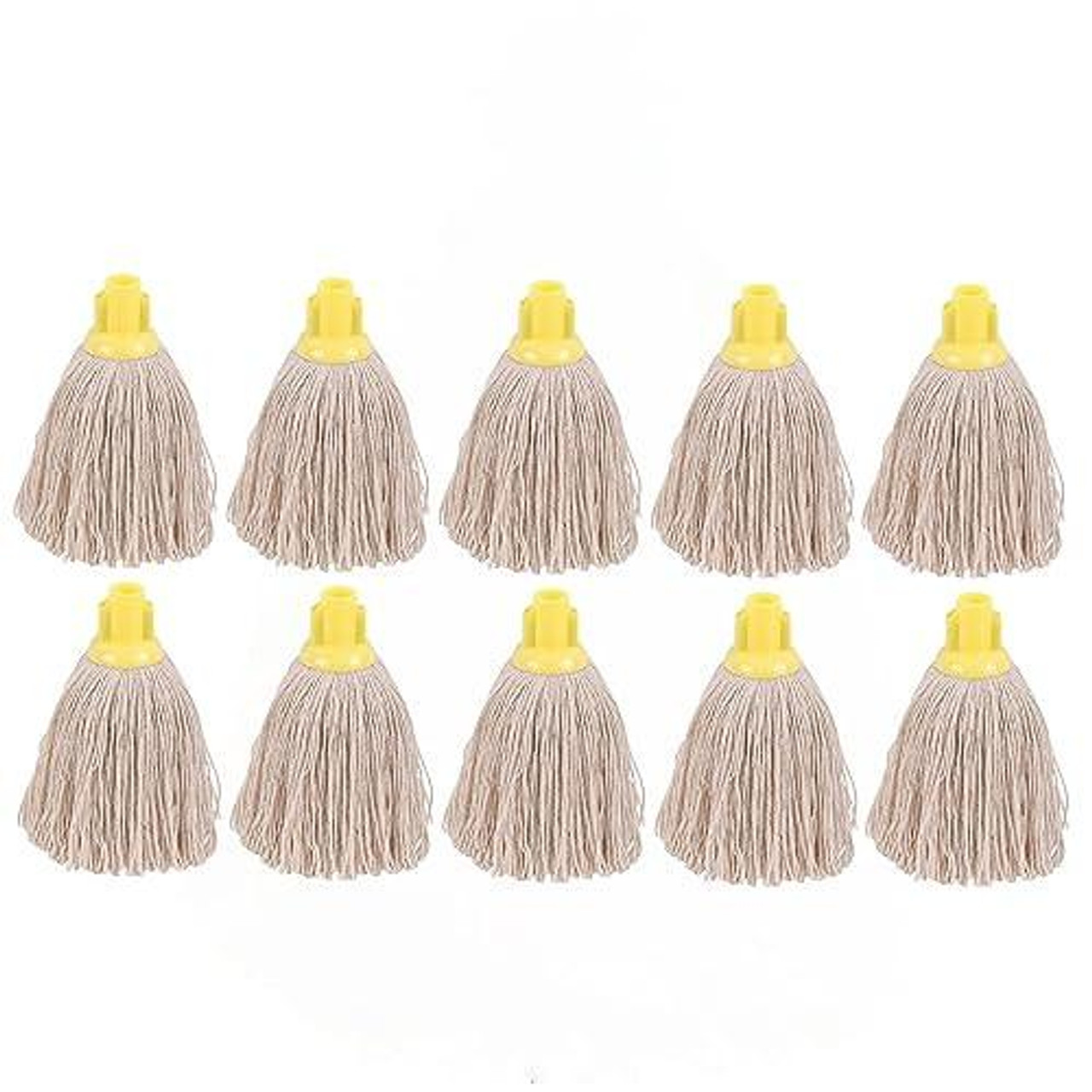 2Work Twine Rough Socket Mop 12oz Yellow, pack of 10 mops with yellow socket and coarse beige twine heads for cleaning.