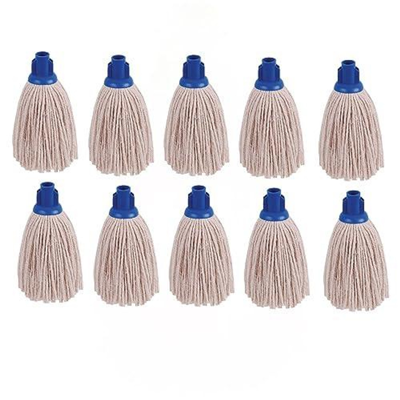 2Work PY Smooth Socket Mop 12oz Blue Pack of 10, close-up of ten beige mop heads with blue sockets arranged in two rows.