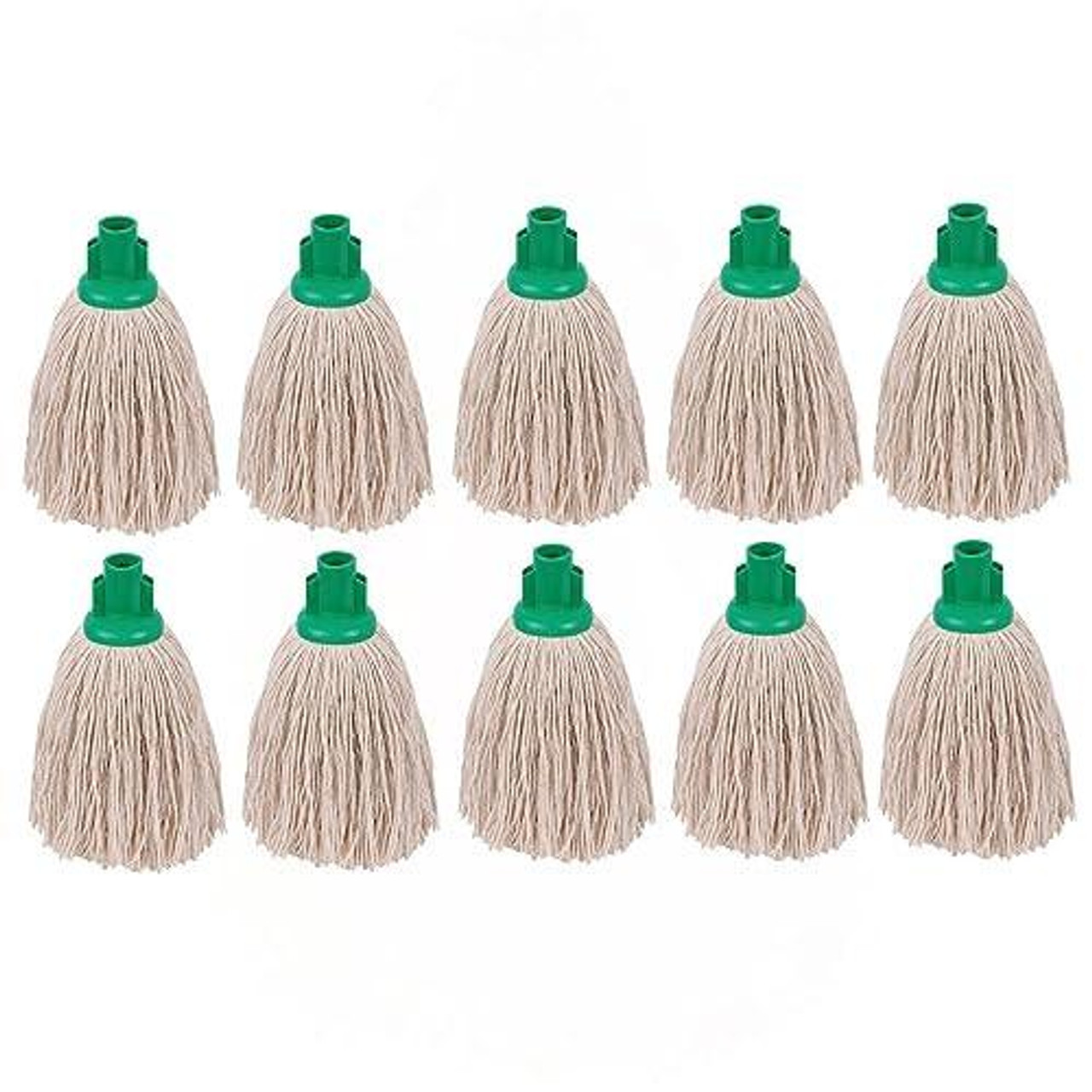 2Work PY Smooth Socket Mop 12oz Green (Pack of 10), green mop heads with beige strands arranged in two rows of five.