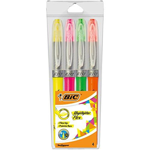 BIC Highlighters Flex Assorted Fluorescent Colours 4 Pack, set of four highlighters in yellow, pink, green, and orange with flexible tip design.