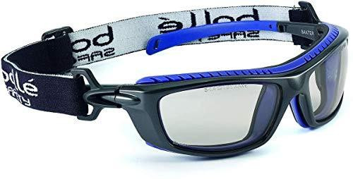 Boll Baxcsp Baxter Platinum KN Safety Glasses, black and blue safety goggles with clear lenses and adjustable strap.